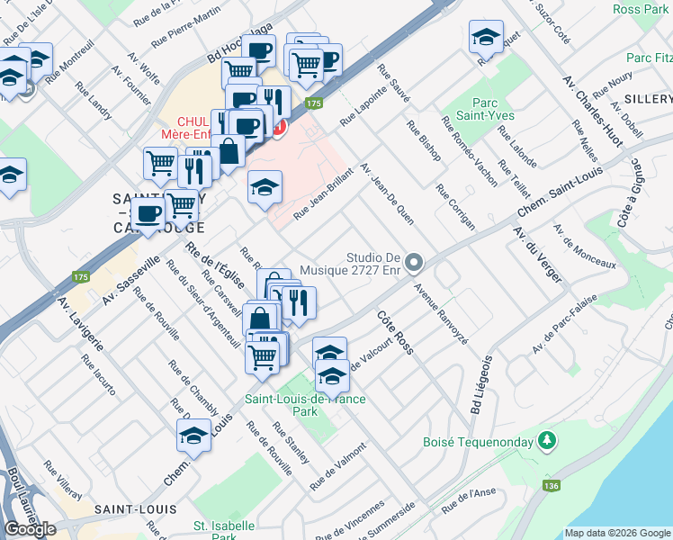 map of restaurants, bars, coffee shops, grocery stores, and more near 2692 Rue Morgan in Ville de Québec