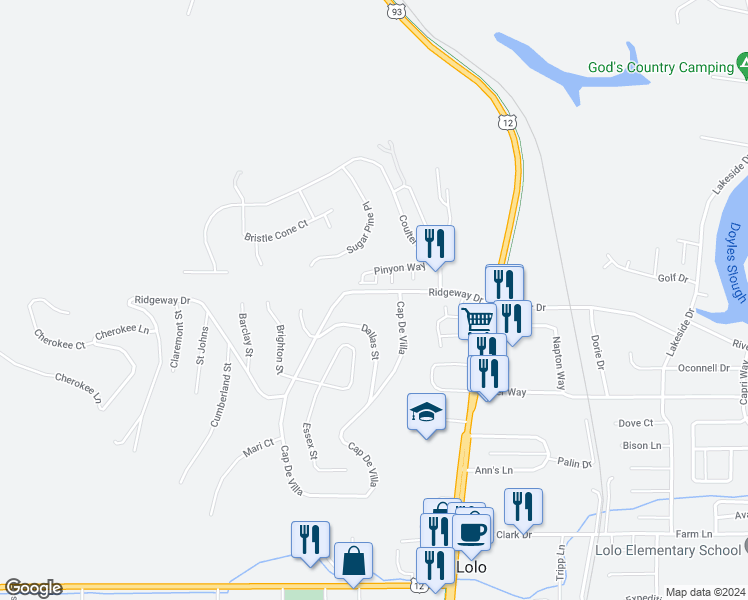 map of restaurants, bars, coffee shops, grocery stores, and more near 119 Ridgeway Drive in Lolo