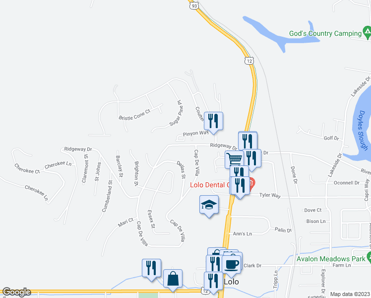 map of restaurants, bars, coffee shops, grocery stores, and more near 117 Ridgeway Drive in Lolo
