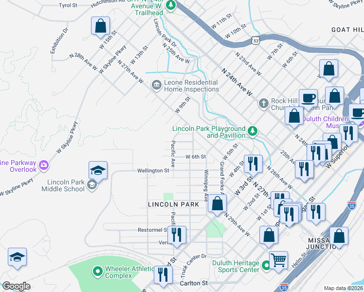 map of restaurants, bars, coffee shops, grocery stores, and more near 2705 West 7th Street in Duluth