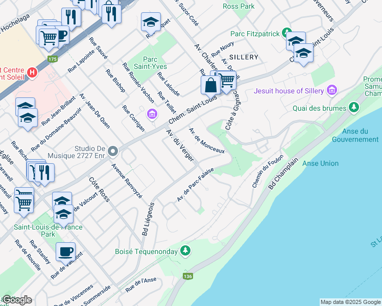 map of restaurants, bars, coffee shops, grocery stores, and more near 1580 Avenue du Verger in Ville de Québec