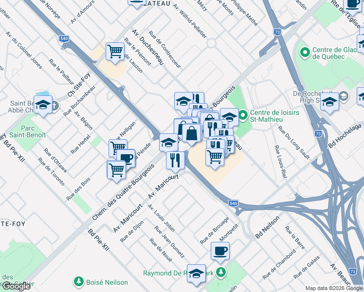 map of restaurants, bars, coffee shops, grocery stores, and more near 990 Avenue de Bourgogne in Québec