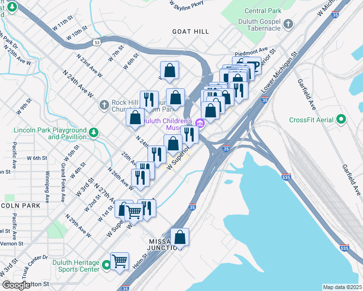 map of restaurants, bars, coffee shops, grocery stores, and more near 2231 West Superior Street in Duluth