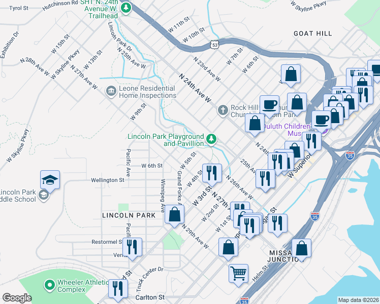 map of restaurants, bars, coffee shops, grocery stores, and more near 2600 West 5th Street in Duluth