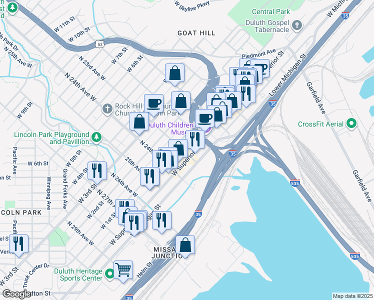 map of restaurants, bars, coffee shops, grocery stores, and more near 2231 West Superior Street in Duluth