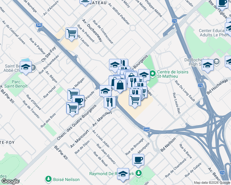 map of restaurants, bars, coffee shops, grocery stores, and more near 990 Avenue de Bourgogne in Québec