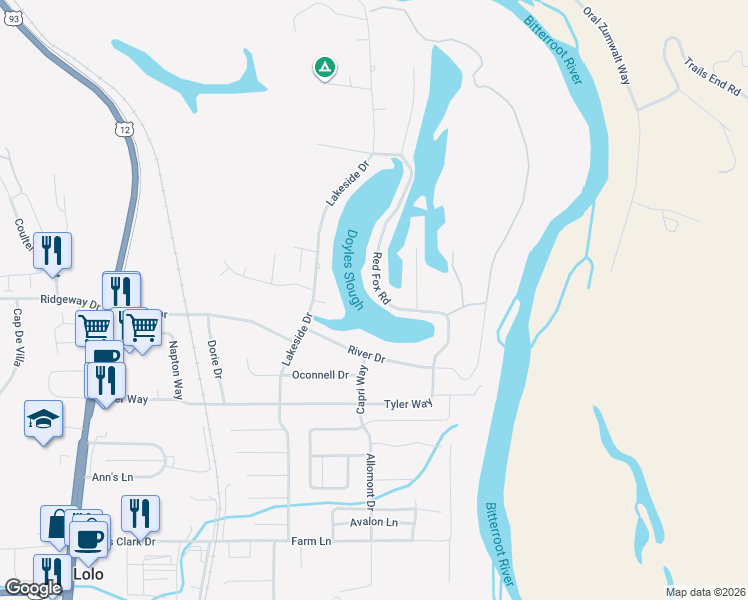 map of restaurants, bars, coffee shops, grocery stores, and more near 227 Red Fox Rd in Lolo