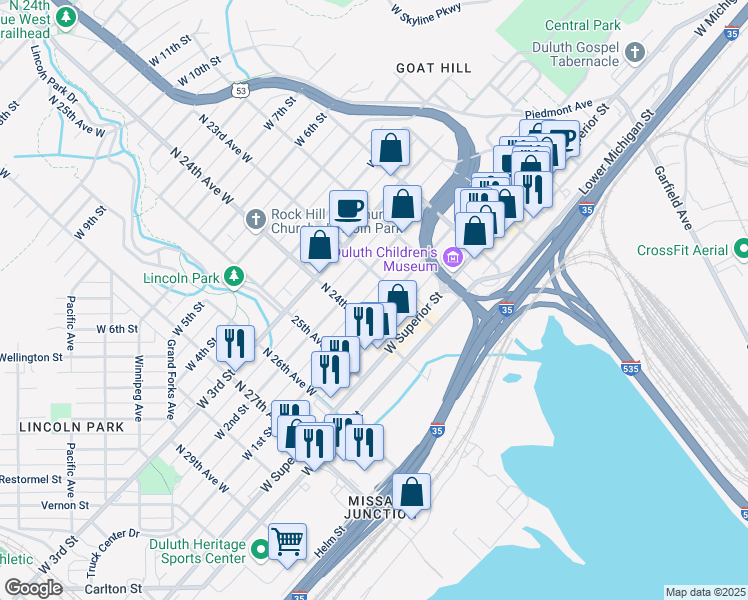 map of restaurants, bars, coffee shops, grocery stores, and more near 2319 West 1st Street in Duluth