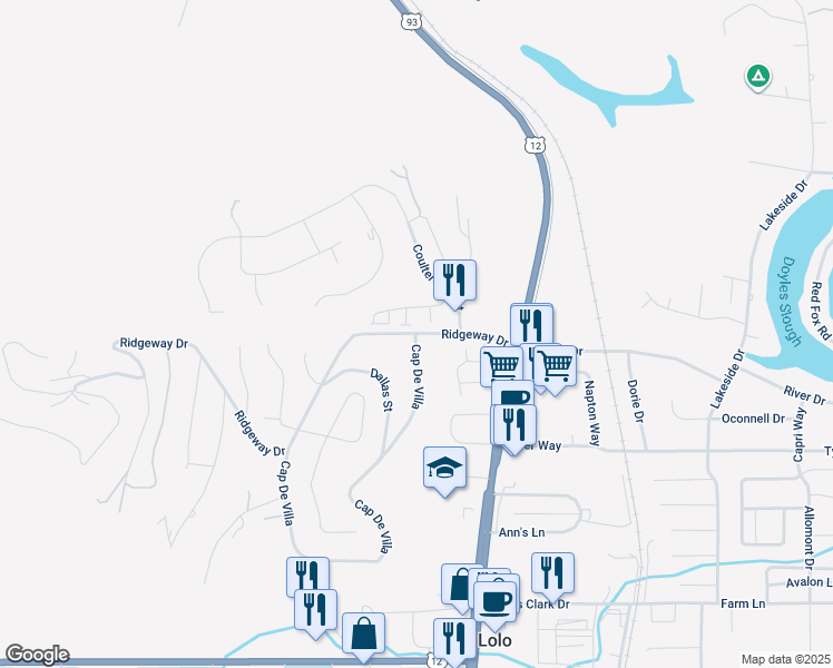 map of restaurants, bars, coffee shops, grocery stores, and more near 98 Ridgeway Dr in Lolo