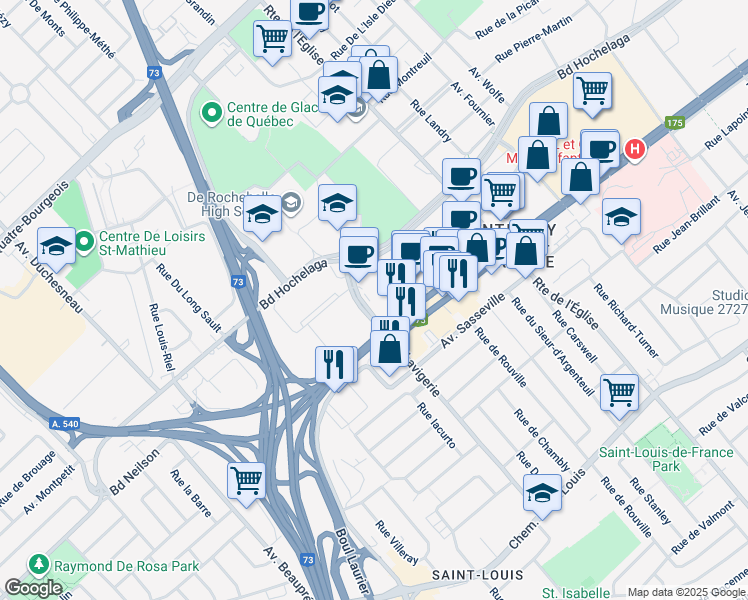 map of restaurants, bars, coffee shops, grocery stores, and more near in Québec