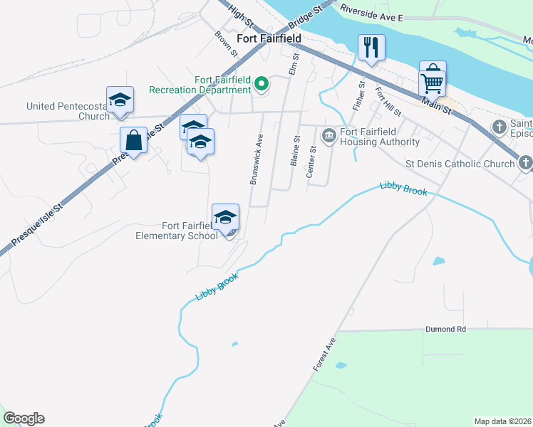 map of restaurants, bars, coffee shops, grocery stores, and more near 106 Elm Street in Fort Fairfield