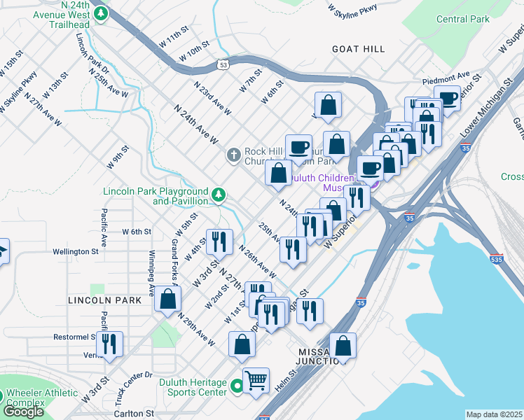 map of restaurants, bars, coffee shops, grocery stores, and more near 2429 West 3rd Street in Duluth