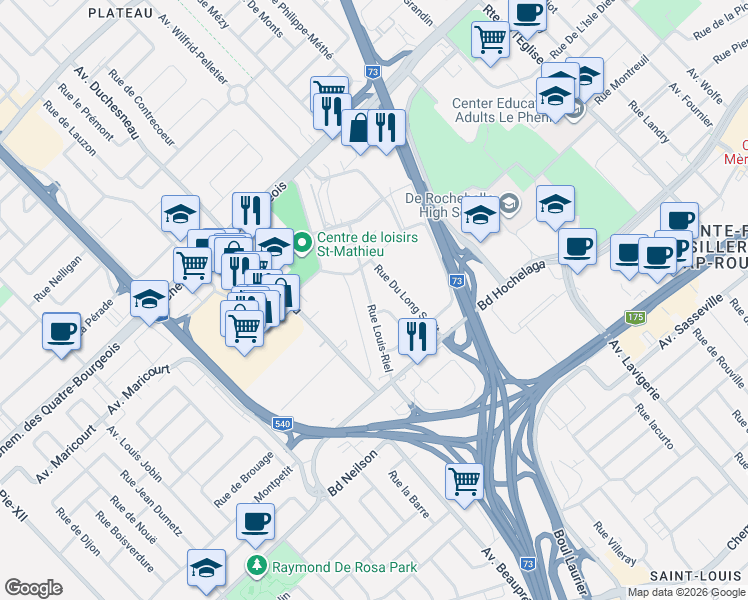 map of restaurants, bars, coffee shops, grocery stores, and more near 1029 Rue Louis-Riel in Québec