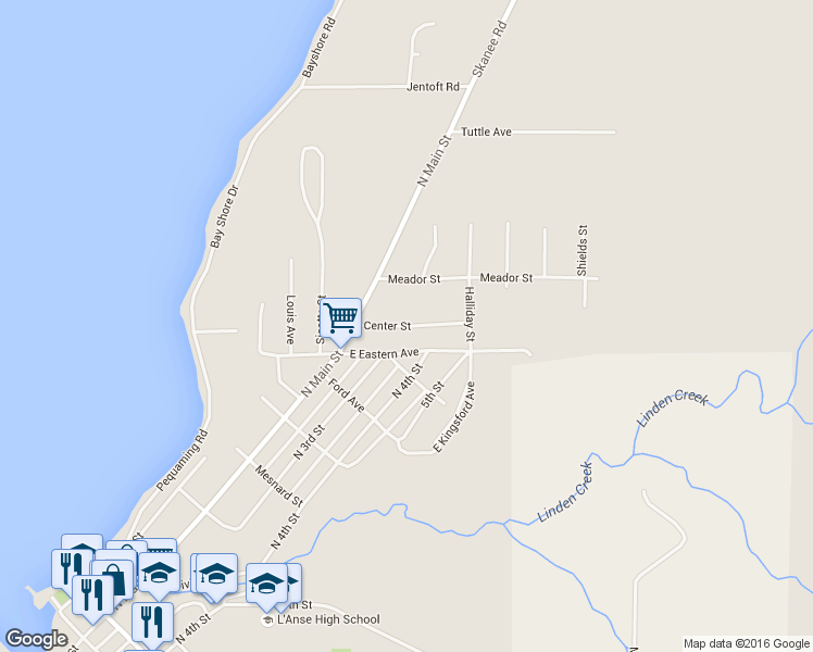 map of restaurants, bars, coffee shops, grocery stores, and more near 112 Center Street in L'Anse