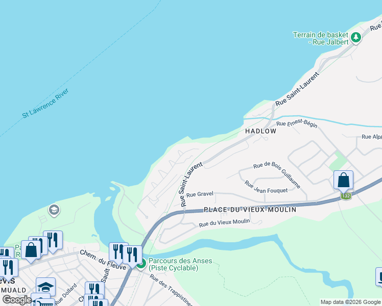 map of restaurants, bars, coffee shops, grocery stores, and more near 2838 Rue des Berges in Lévis
