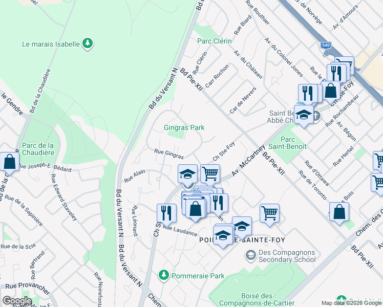 map of restaurants, bars, coffee shops, grocery stores, and more near 350 Rue Gingras in Quebec