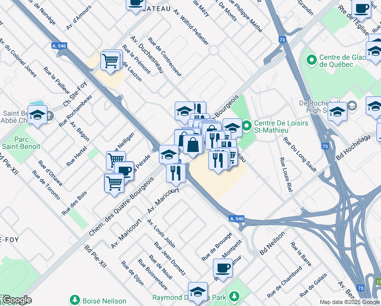 map of restaurants, bars, coffee shops, grocery stores, and more near 980 Avenue de Bourgogne in Québec
