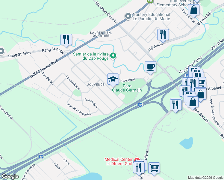 map of restaurants, bars, coffee shops, grocery stores, and more near Rue Saint Yves in Québec