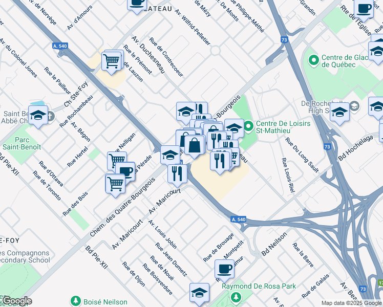 map of restaurants, bars, coffee shops, grocery stores, and more near 980 Avenue de Bourgogne in Québec