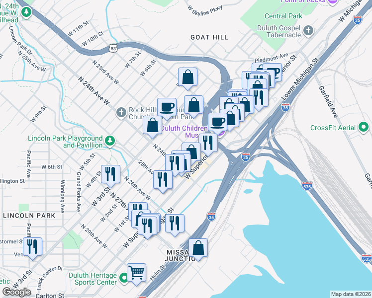 map of restaurants, bars, coffee shops, grocery stores, and more near 2319 West 1st Street in Duluth