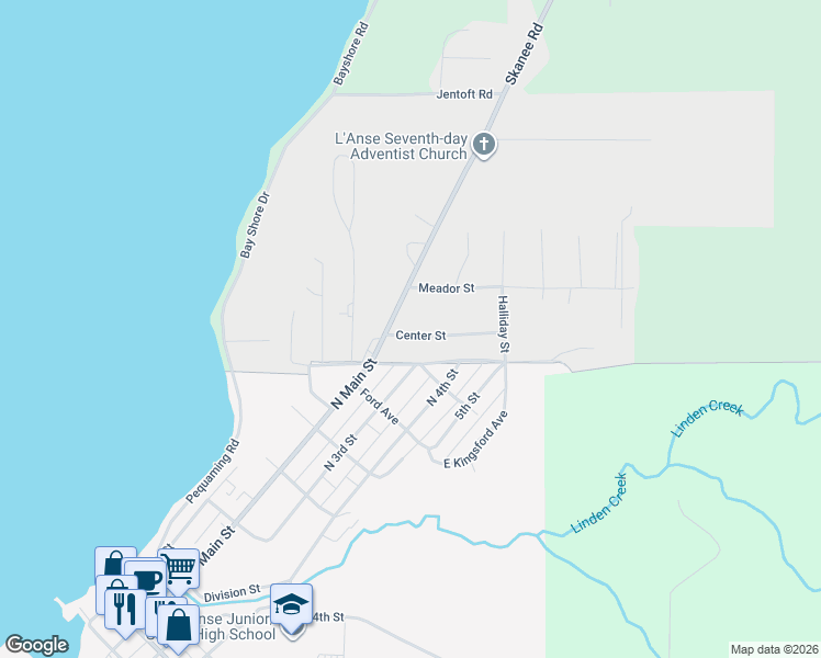 map of restaurants, bars, coffee shops, grocery stores, and more near 112 Center Street in L'Anse