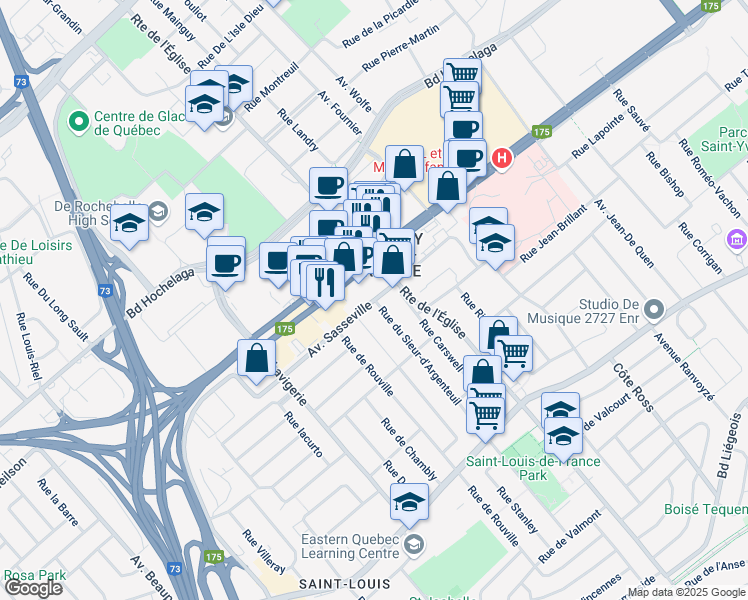 map of restaurants, bars, coffee shops, grocery stores, and more near Avenue Sasseville in Ville de Québec