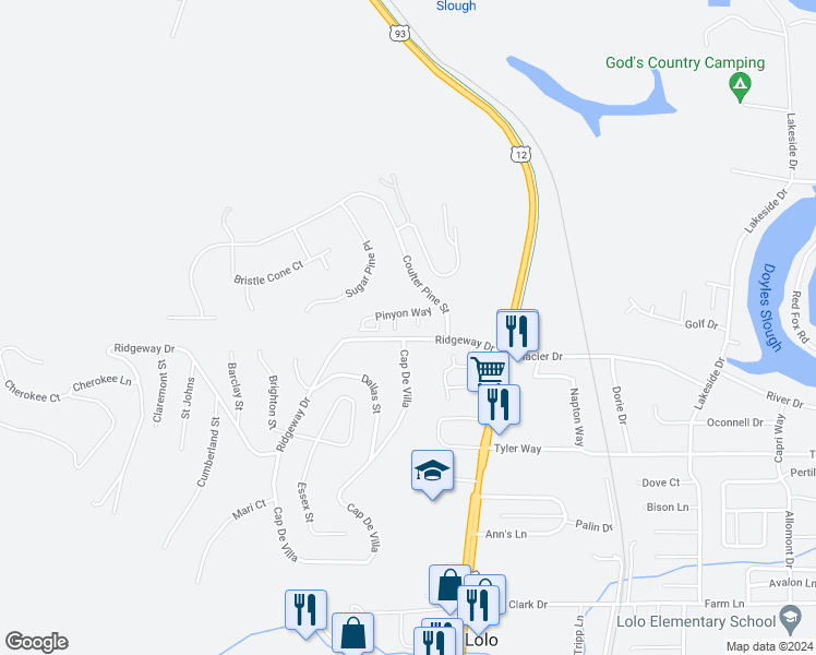 map of restaurants, bars, coffee shops, grocery stores, and more near 58-98 Ridgeway Drive in Lolo