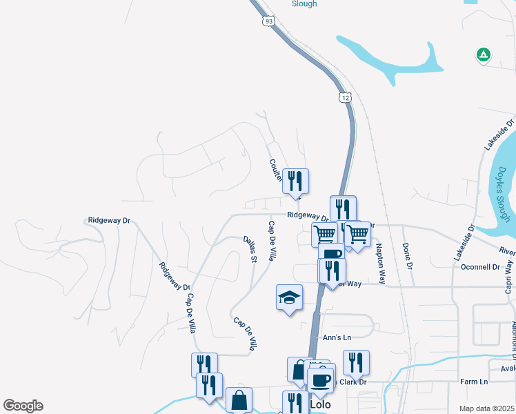 map of restaurants, bars, coffee shops, grocery stores, and more near 115 Ridgeway Drive in Lolo