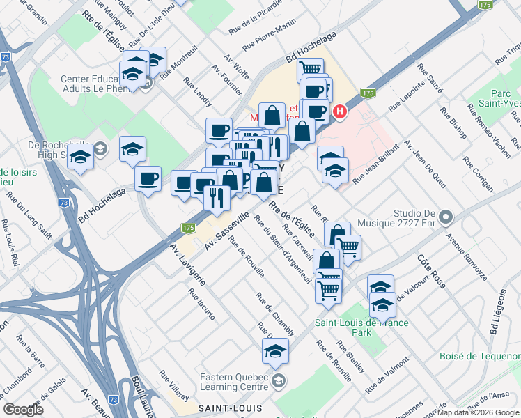 map of restaurants, bars, coffee shops, grocery stores, and more near 2869 Avenue Sasseville in Québec
