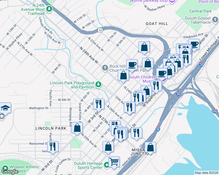 map of restaurants, bars, coffee shops, grocery stores, and more near in Duluth