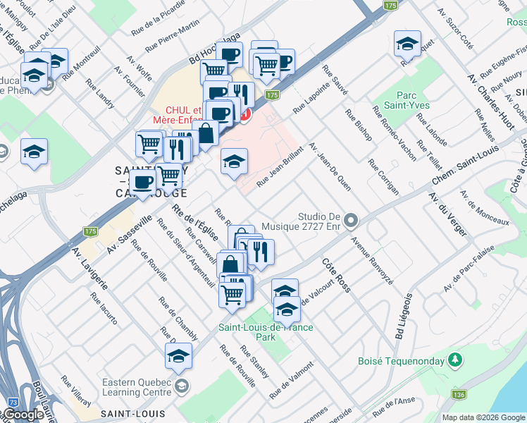 map of restaurants, bars, coffee shops, grocery stores, and more near 1271 Rue Julien-Green in Québec