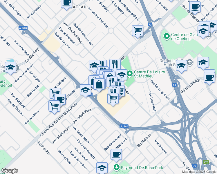 map of restaurants, bars, coffee shops, grocery stores, and more near 979 Avenue de Bourgogne in Québec
