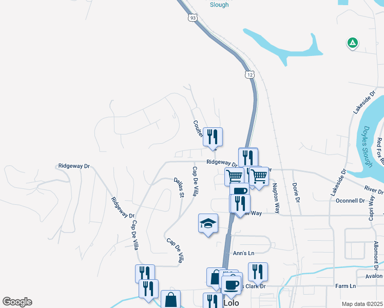map of restaurants, bars, coffee shops, grocery stores, and more near 58-98 Ridgeway Drive in Lolo