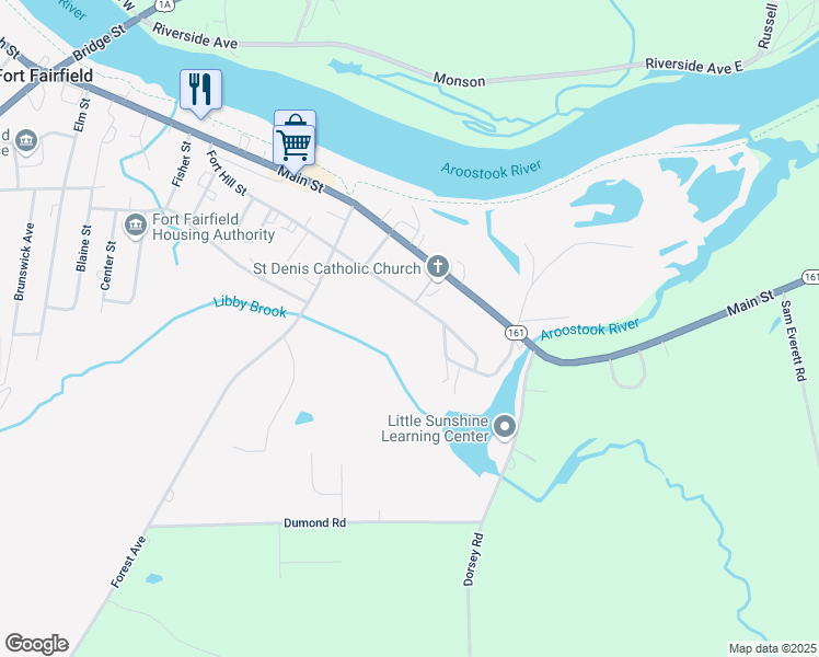 map of restaurants, bars, coffee shops, grocery stores, and more near 126 Fort Hill Street in Fort Fairfield