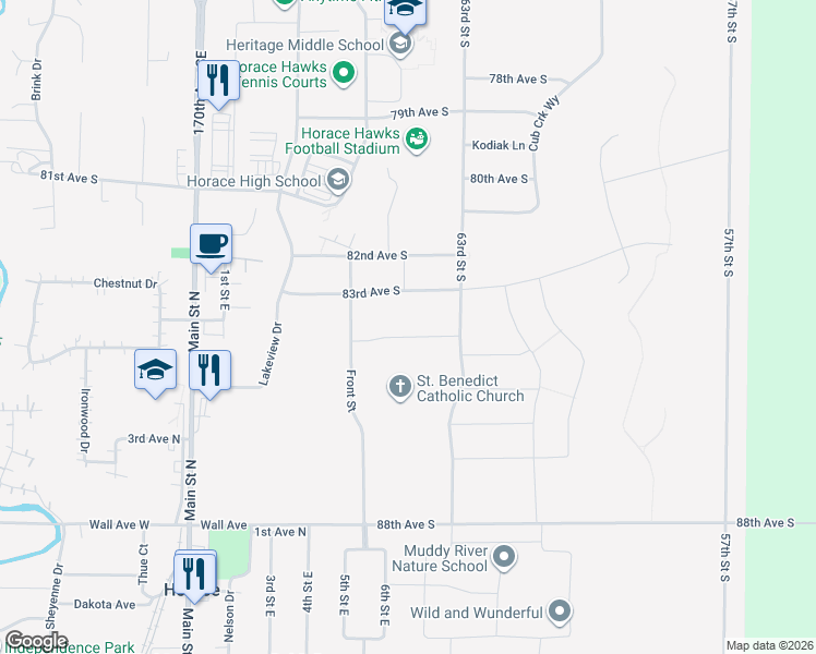 map of restaurants, bars, coffee shops, grocery stores, and more near in Horace