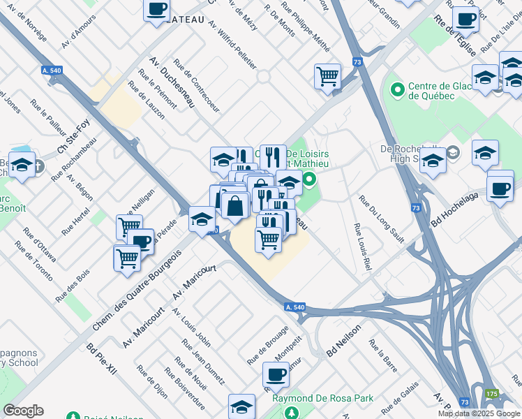 map of restaurants, bars, coffee shops, grocery stores, and more near 965 Avenue de Bourgogne in Québec