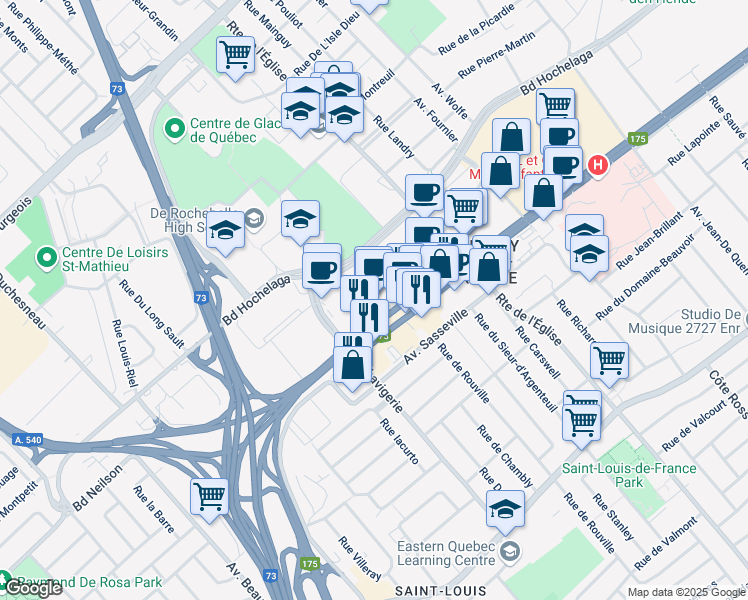 map of restaurants, bars, coffee shops, grocery stores, and more near 3000 Boulevard Laurier in Quebec City