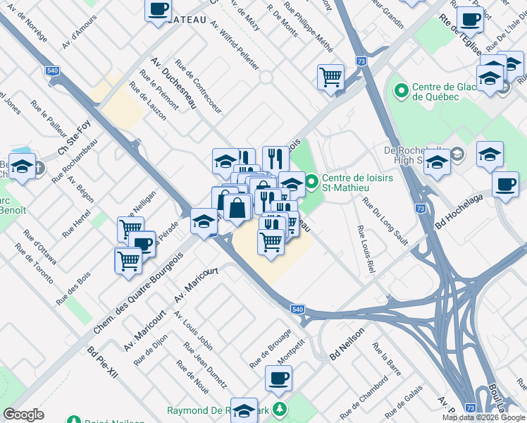 map of restaurants, bars, coffee shops, grocery stores, and more near 979 Avenue de Bourgogne in Québec
