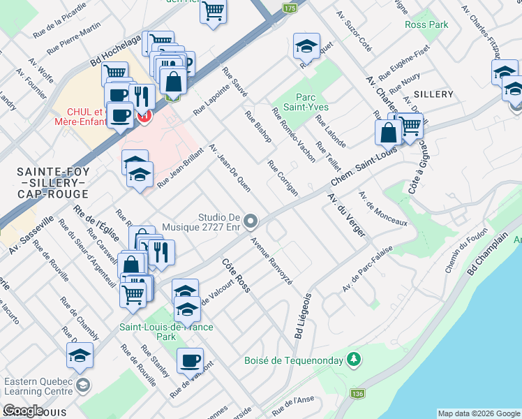 map of restaurants, bars, coffee shops, grocery stores, and more near 1324 Avenue Jean-De Quen in Québec