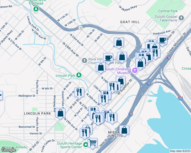 map of restaurants, bars, coffee shops, grocery stores, and more near 2409 West 3rd Street in Duluth
