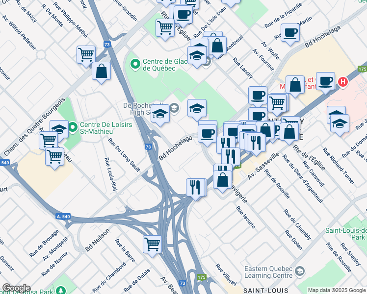 map of restaurants, bars, coffee shops, grocery stores, and more near 3076 Rue des Châtelets in Ville de Québec