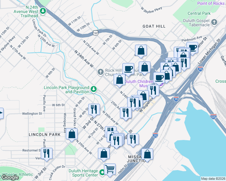 map of restaurants, bars, coffee shops, grocery stores, and more near 2409 West 3rd Street in Duluth