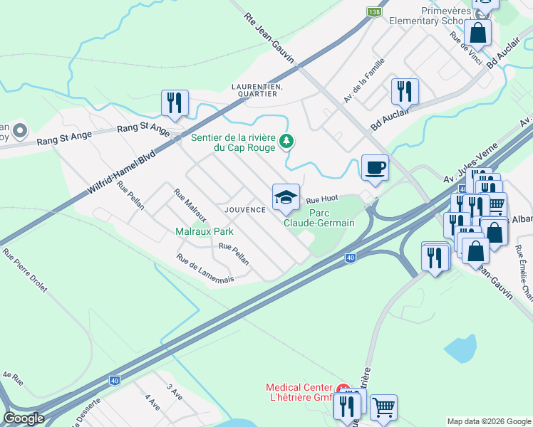 map of restaurants, bars, coffee shops, grocery stores, and more near 174 Rue Saint Yves in Québec