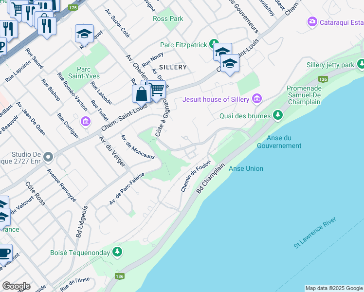 map of restaurants, bars, coffee shops, grocery stores, and more near 1742 Côte à Gignac in Ville de Québec