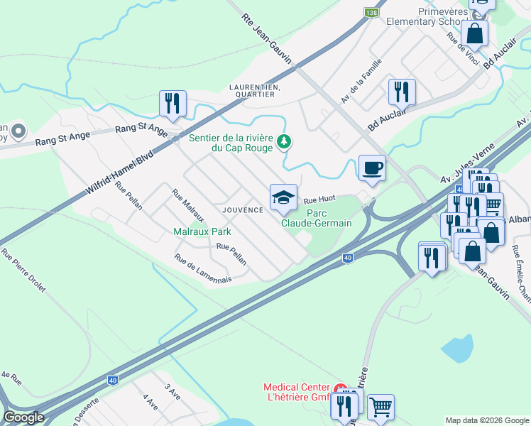 map of restaurants, bars, coffee shops, grocery stores, and more near 174 Rue Saint Yves in Québec
