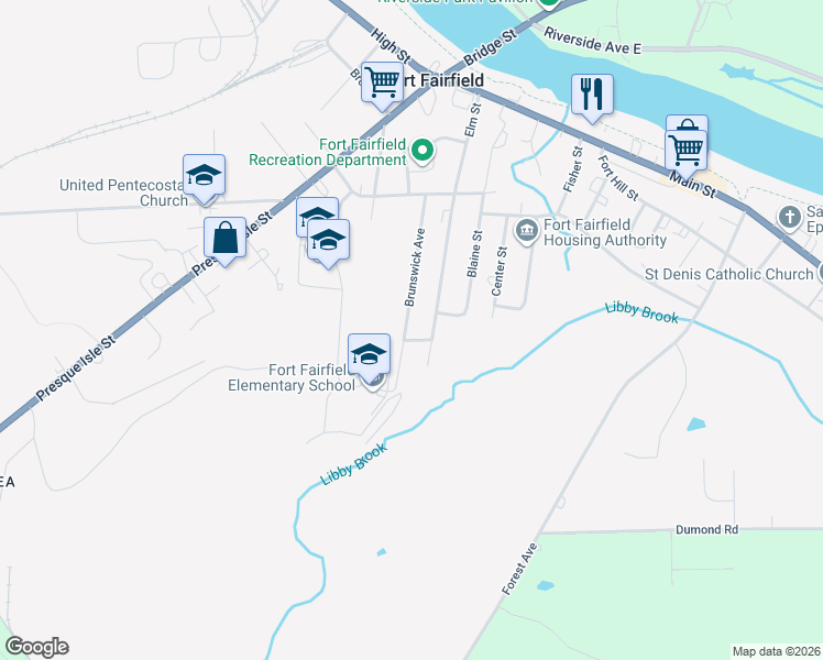 map of restaurants, bars, coffee shops, grocery stores, and more near 106 Elm Street in Fort Fairfield
