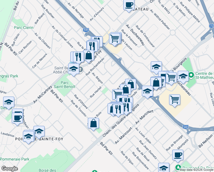 map of restaurants, bars, coffee shops, grocery stores, and more near 869 Avenue Bégon in Québec