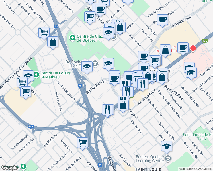 map of restaurants, bars, coffee shops, grocery stores, and more near in Québec City
