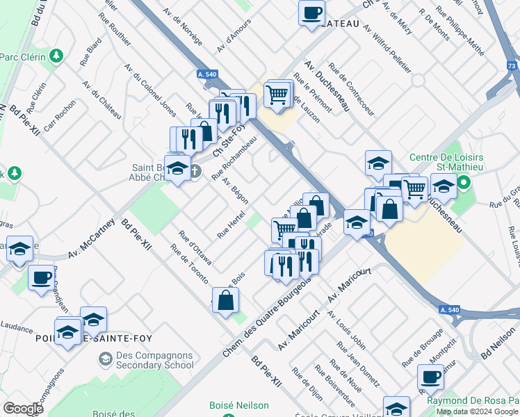 map of restaurants, bars, coffee shops, grocery stores, and more near 869 Avenue Bégon in Québec