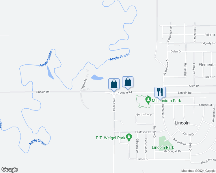 map of restaurants, bars, coffee shops, grocery stores, and more near 5151 Lincoln Road in Bismarck